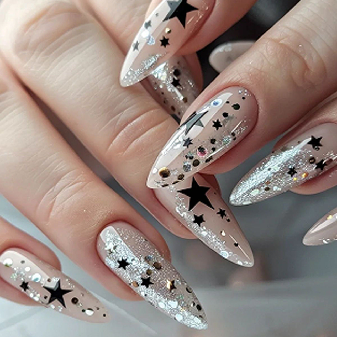 Celestial Glamour Long Almond Beige Press On Nail Set with Starry Glitter Accents