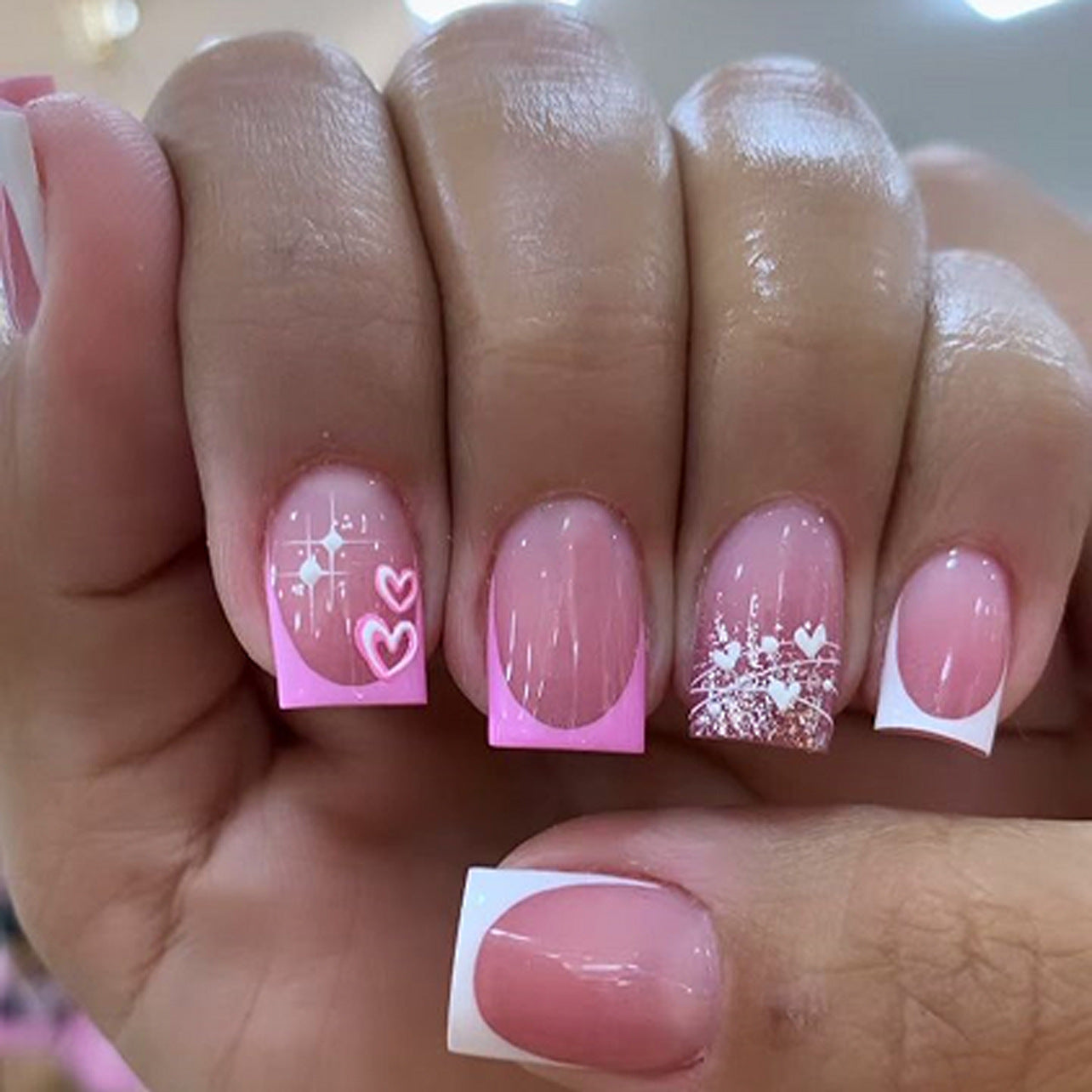 Charming Romance Medium Square Pink Ombre with Whimsical Heart Accents Nail Set