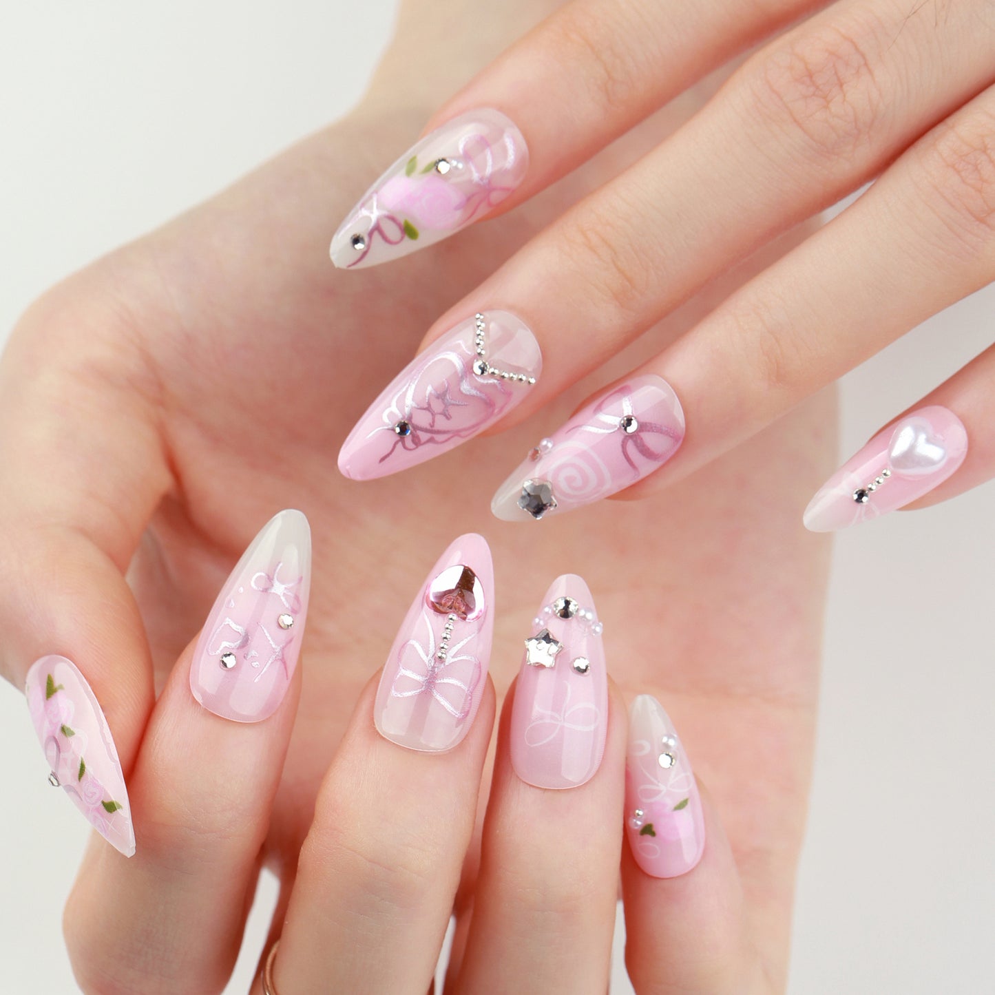 Whimsical Garden Long Almond Pink Press-On Nail Set with Charming Floral and Gem Accents