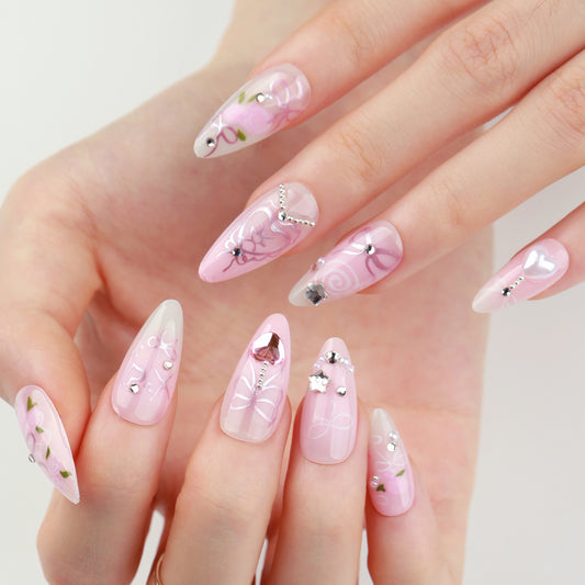 Whimsical Garden Long Almond Pink Press-On Nail Set with Charming Floral and Gem Accents