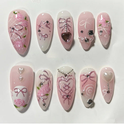 Romantic Blossom Press On Nails Medium Almond Pink with Charming Floral and Bow Designs