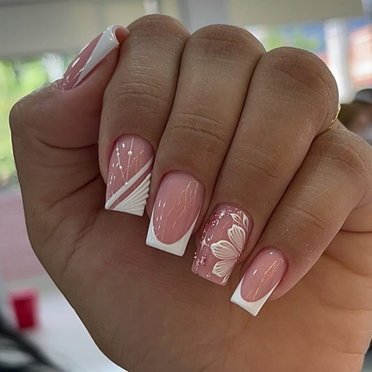 Charming Floral Elegance Medium Square Pink with White French Tips and Artistic Flower Design Press-On Nail Set
