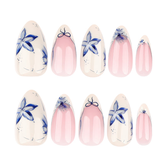 Botanical Dream Press On Nail Set Medium Almond Shaped Soft Pink with Blue Floral Design