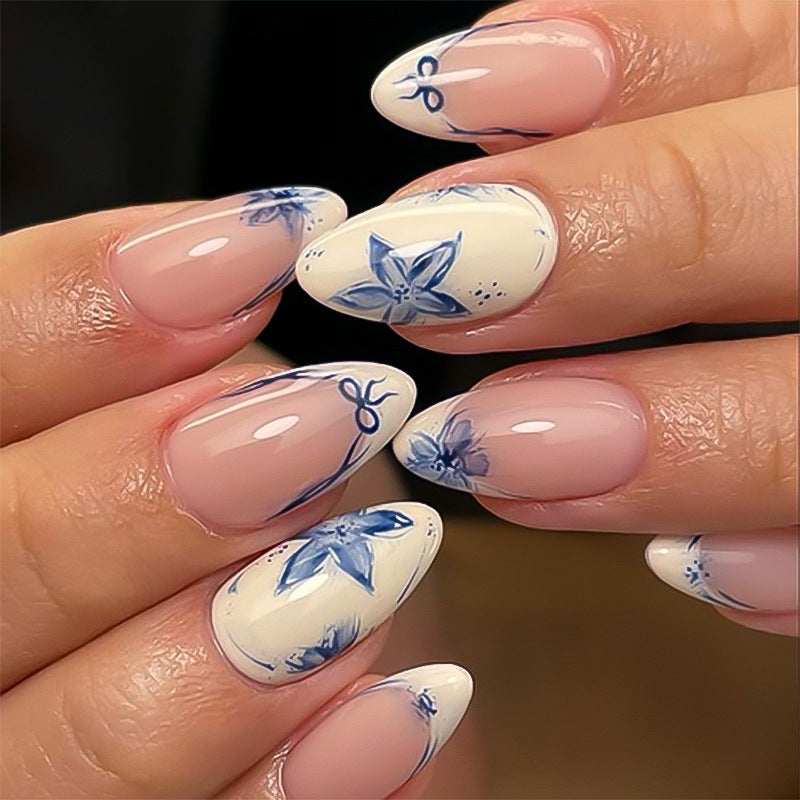 Floral Fantasy Medium Almond Pink and White Press On Nail Set with Elegant Blue Floral Designs