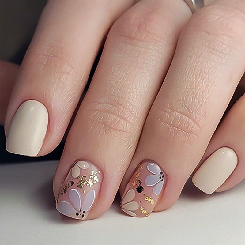 Floral Elegance Short Square Cream and Pastel Press On Nail Set with Gold Accents