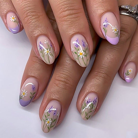 Floral Meadow Press-On Nail Set Medium Oval Lavender and Beige with Delightful Botanical Designs