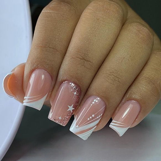 Celestial Bliss Medium Square Pink and White Ombre with Glitter Stars Press On Nail Set