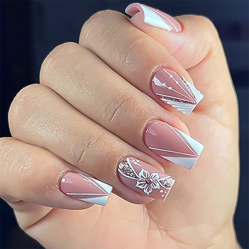 Chic Floral Elegance Medium Square Pink and White Press On Nail Set with Glamorous Design Accents