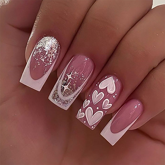 Romantic Elegance Medium Square Pink with Glitter and Heart Design Press-On Nail Set