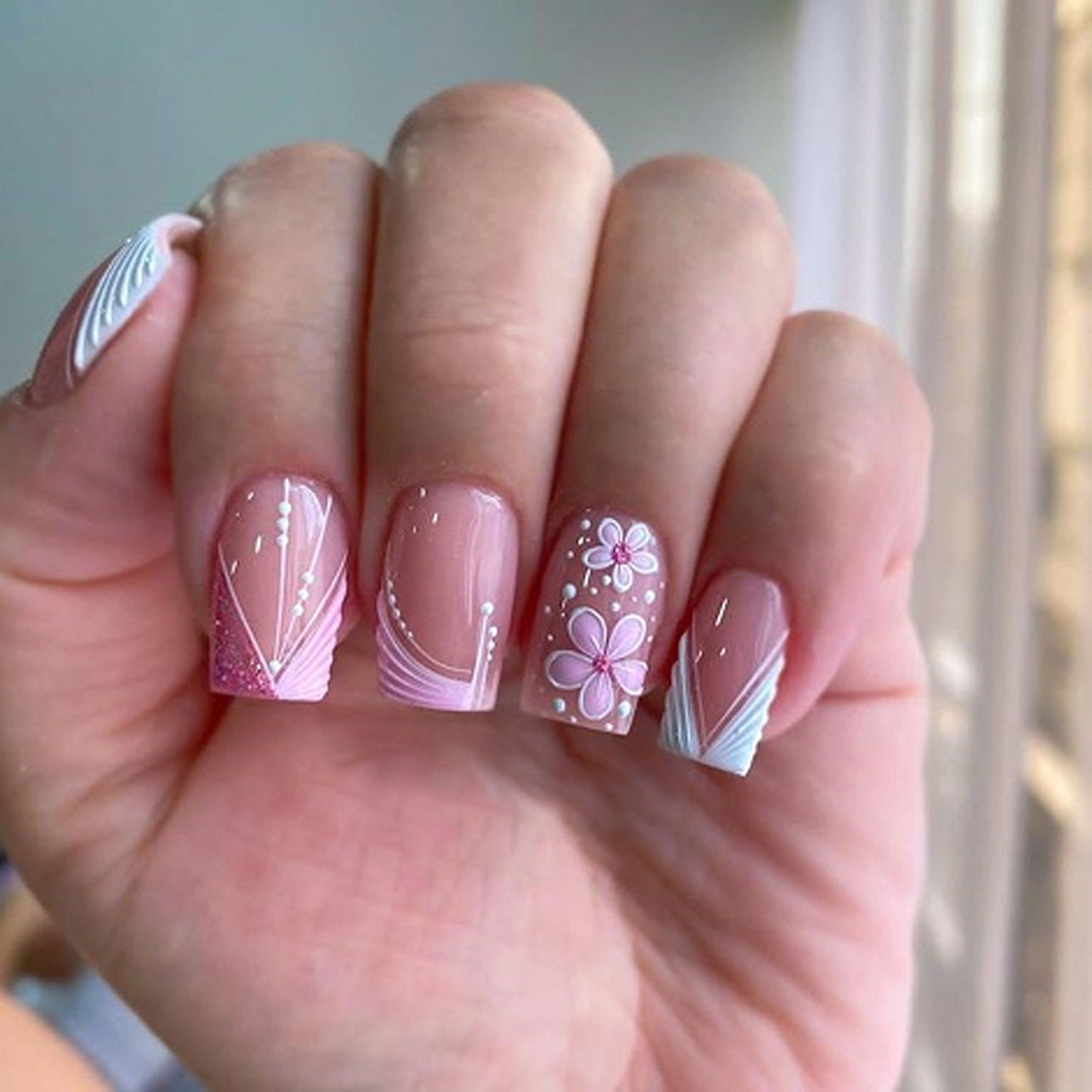 Whimsical Floral Fantasy Medium Square Pink Gradient Press On Nail Set with Elegant Flower Designs