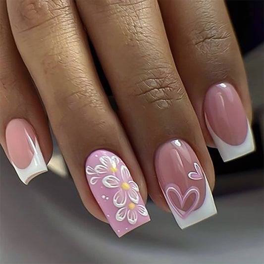 Charming Floral Elegance Medium Square Pink and White with Artistic Heart and Daisy Designs Press On Nail Set