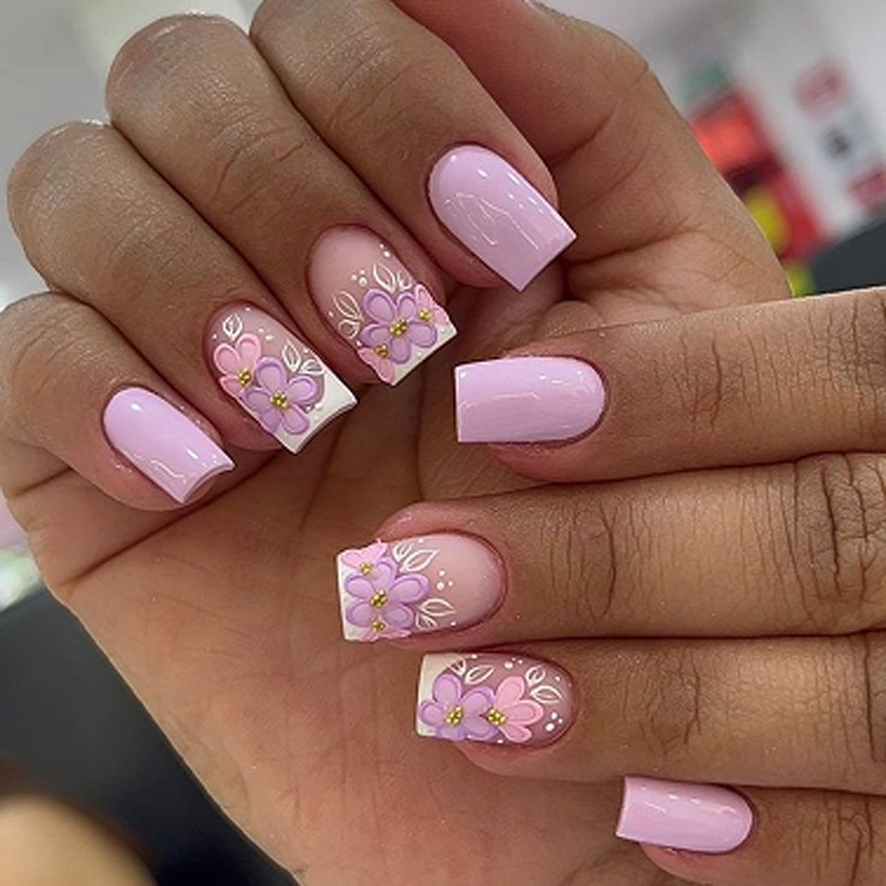 Garden Blossom Inspiration Medium Square Pink Press On Nail Set with Elegant Floral Design
