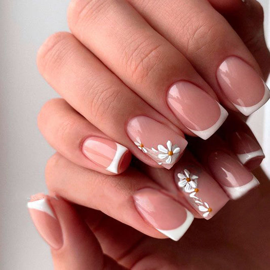 Blossom Elegance Medium Square Pale Pink with Exquisite Floral Accents Press-On Nail Set