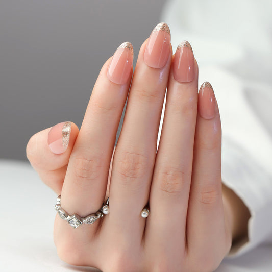 Glamorous Enchantment Medium Almond Shaped Soft Pink with Sparkling Gold Tips Press On Nail Set