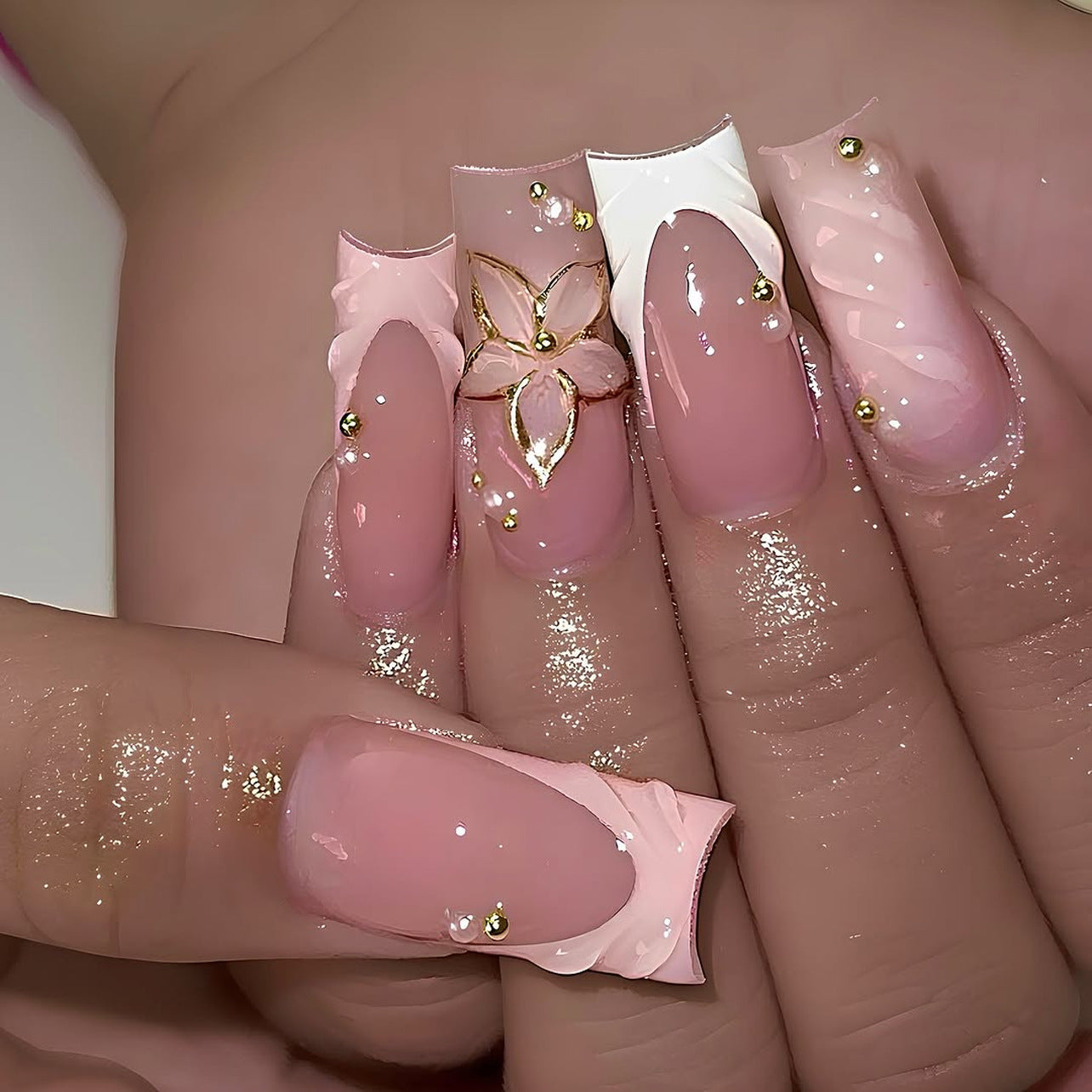 Elegant Blossom Inspired Long Square Pink Press On Nail Set with Floral Design and Golden Accents