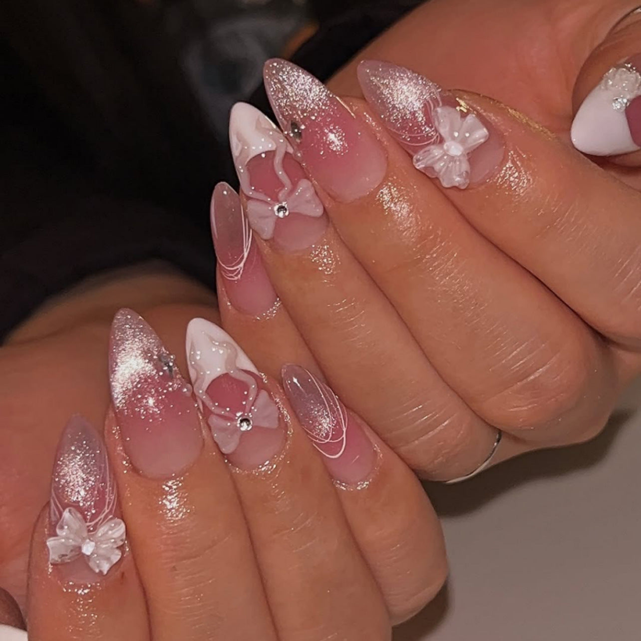 Whimsical Blossom Dream Long Almond Pink Ombre Nails with Floral Accents