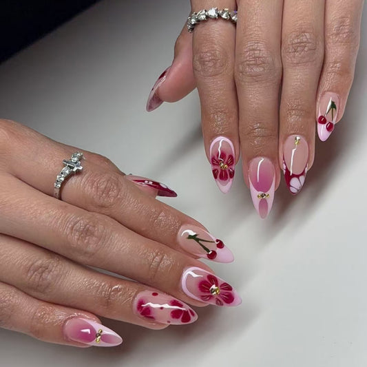 Cherry Blossom Elegance Medium Almond Pink with Floral Accents and Gold Details Press-On Nail Set