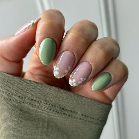 Botanical Serenity Short Almond Shape Soft Green and Pink with Floral Accents Press On Nail Set
