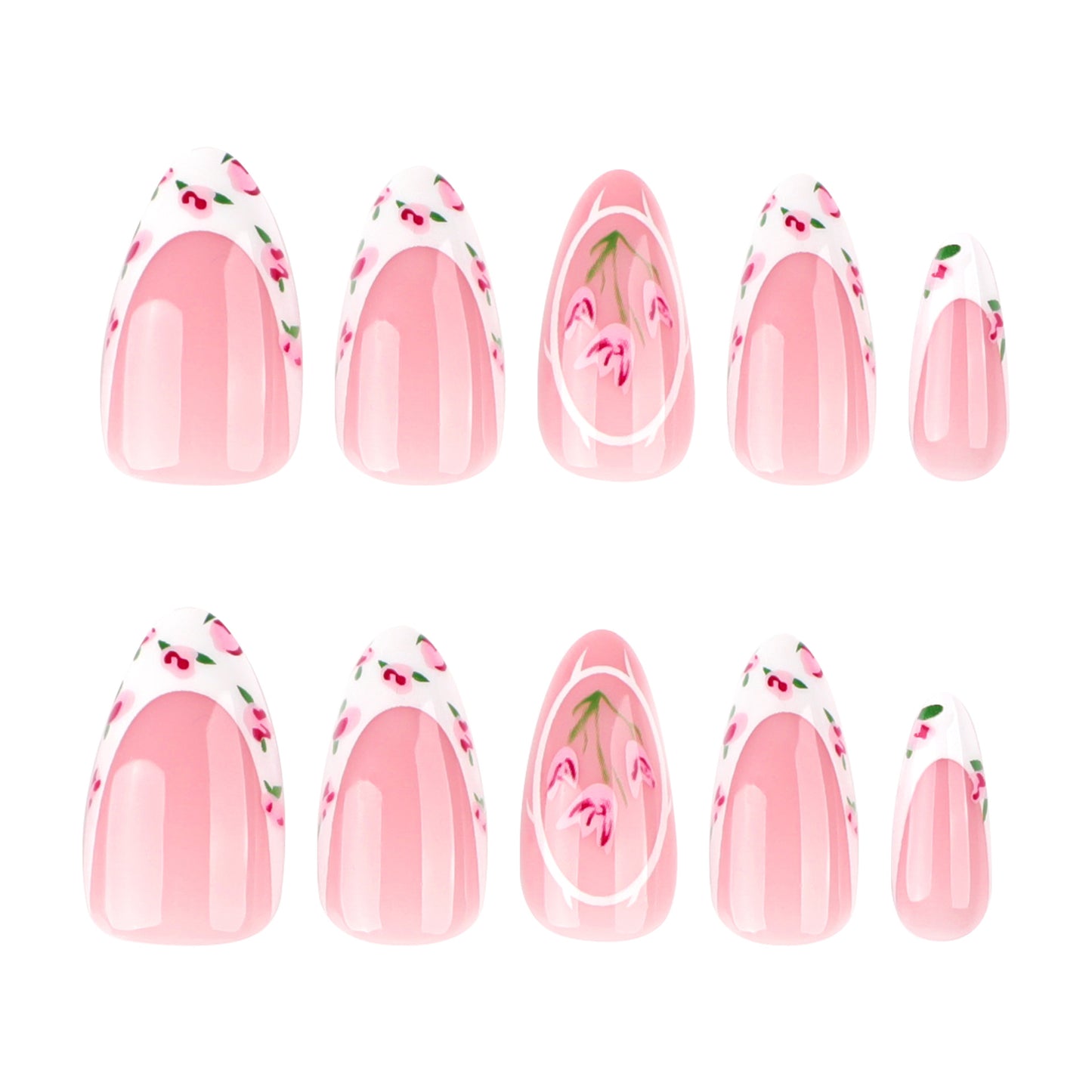 Blossom Garden Elegant Medium Almond Pink Press On Nail Set with Floral Design