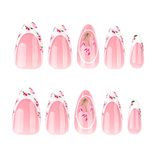 Blossom Garden Elegant Medium Almond Pink Press On Nail Set with Floral Design