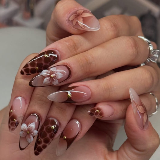 Botanical Elegance Long Almond Shape Beige and Brown with Floral Accents and Gold Detailing Press On Nail Set