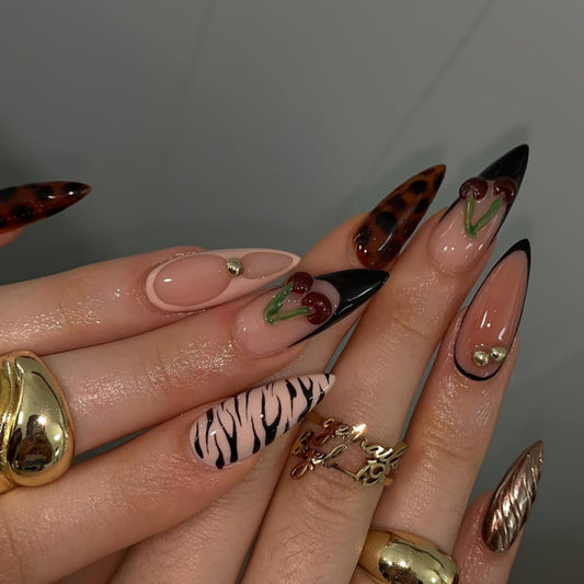 Wild Jungle Inspired Stiletto Long Glossy Black and Brown Multi-Patterned Nail Set with Cherry Artistry