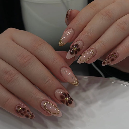 Bohemian Elegance Medium Almond Beige with Gold Accents and Floral Design Press-On Nail Set