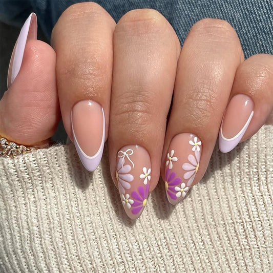 Spring Blossom Elegance Medium Almond Light Pink with Floral Design and Glossy Finish Press On Nail Set