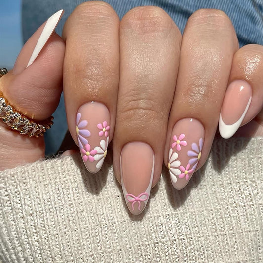 Floral Fantasy Medium Almond Pink and White Press On Nail Set with Whimsical Flower and Bow Accents