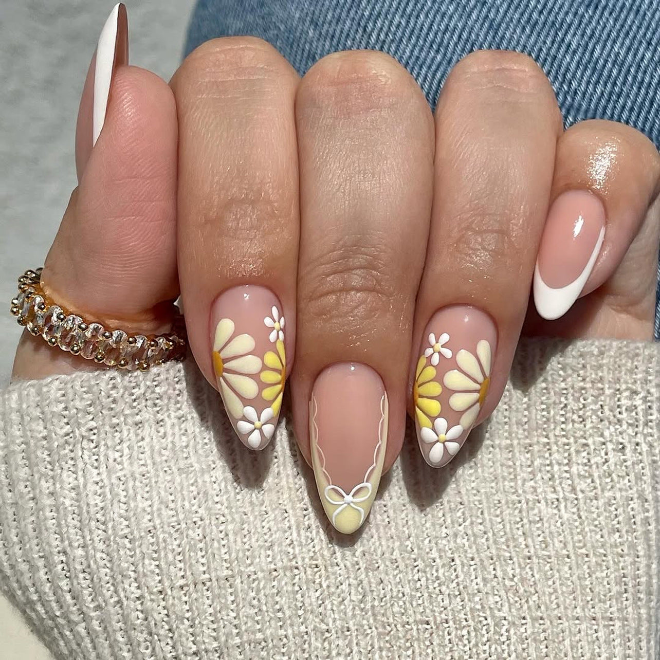 Spring Blooming Medium Almond Shaped Beige and White Floral Press On Nail Set with Elegant Bow Design