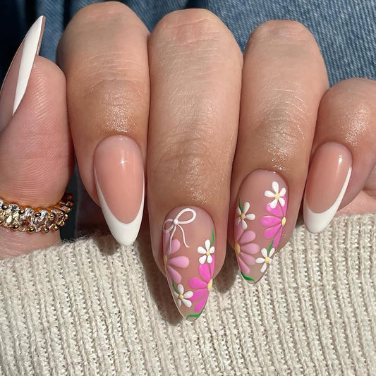 Garden Bliss Elegant Medium Almond Pink Floral Design Press On Nail Set