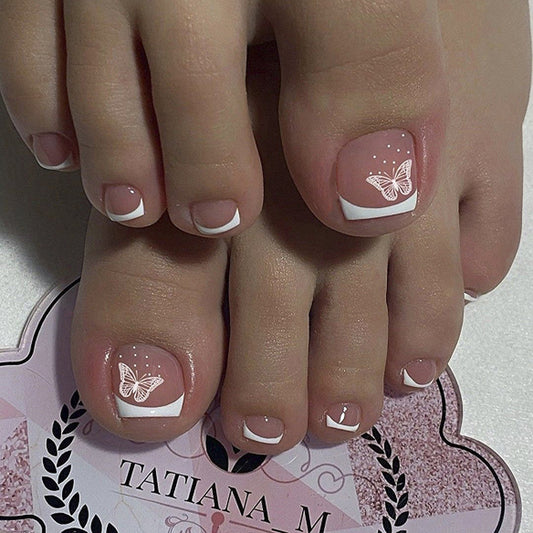 Whimsical Butterfly Inspired Short Square Press On Toenail Set in Elegant Blush with Chic French Tips and Stunning Butterfly Design