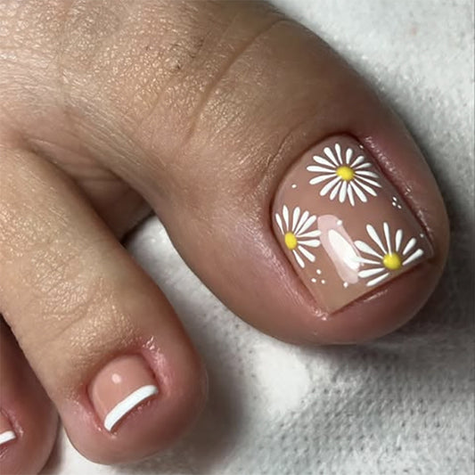 Floral Delight Short Square Light Pink Elegant Flower Design Press-On Toenail Set