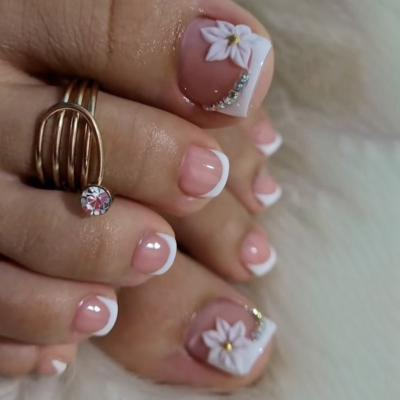 Floral Elegance Short Square Pink with White French Tips and Delicate Floral Accents Press on Toenail Set