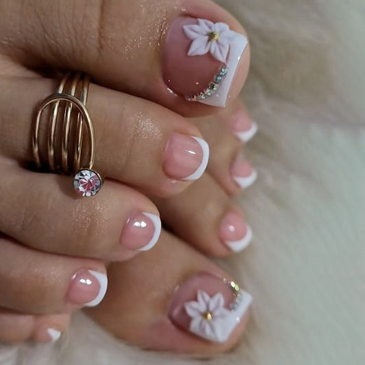 Floral Elegance Short Square Pink with White French Tips and Delicate Floral Accents Press on Toenail Set
