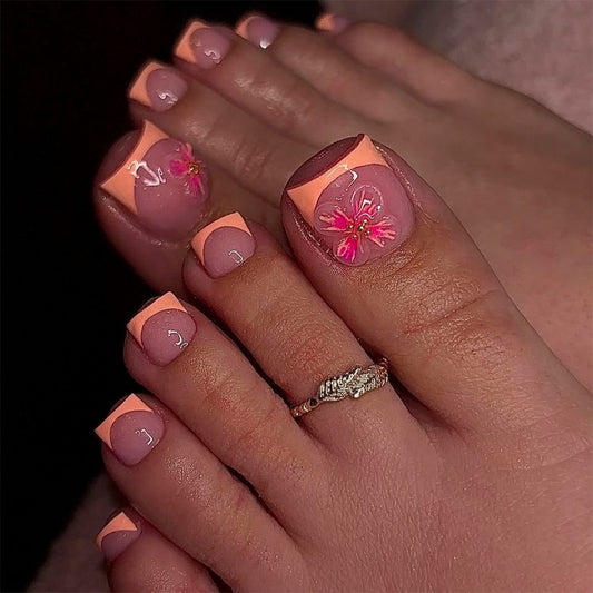 Tropical Bliss Short Square Peach Press On Toenail Set Featuring Vibrant Floral Art and Glossy Finish
