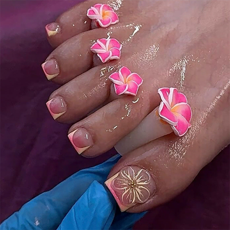 Tropical Bliss Short Square Pink Floral Press On Toenail Set with Unique Three Dimensional Design