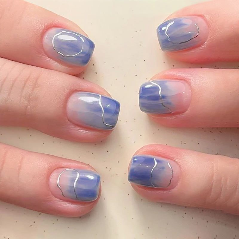 Serene Ocean Vibes Short Square Gradient Blue Press On Nail Set with Elegant Marble Effect