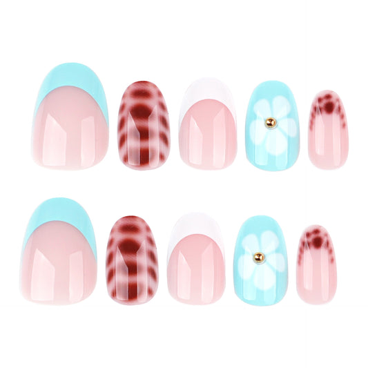 Charming Floral Dream Press On Nail Set Short Oval Soft Pink with Aqua Accents Unique Flower Design