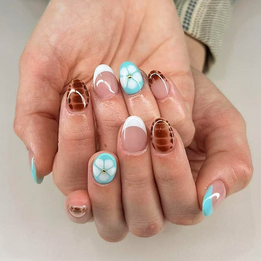 Tropical Escape Short Oval Shaped Aqua and Brown Floral Accent Press-On Nail Set