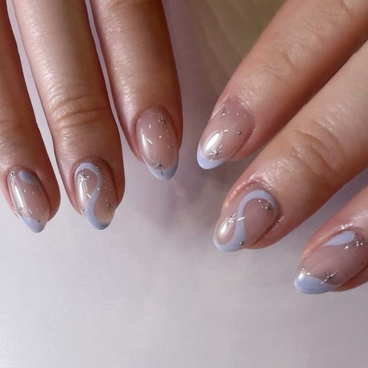 Celestial Elegance Medium Almond Blue Ombre with Glitter Accents Press On Nail Set