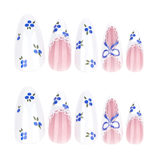 Whimsical Floral Dream Medium Almond White with Blue Flowers and Elegant Lace Design Press On Nail Set