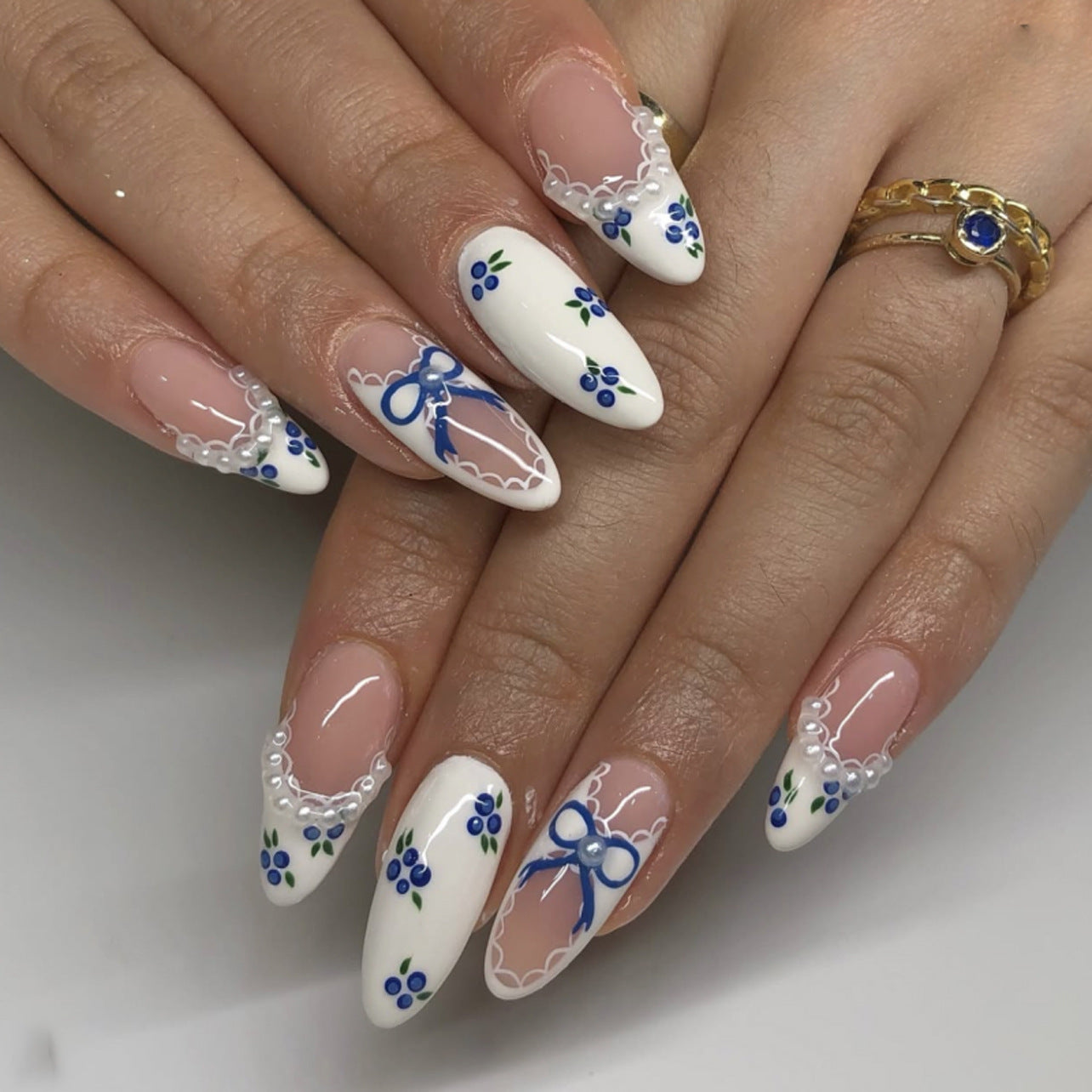 Whimsical Floral Dream Medium Almond White with Blue Floral Accents and Lace Detail Press On Nail Set