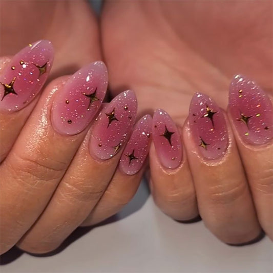 Celestial Dream Catcher Medium Almond Pink Ombre Sparkling Glitter with Golden Accents Press On Nail Set