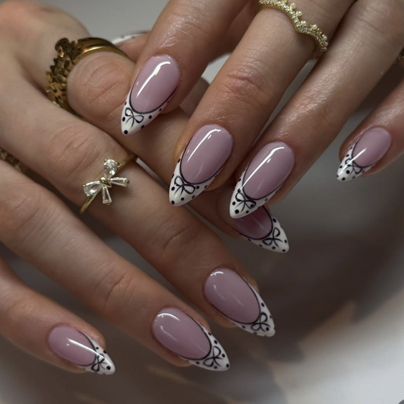 Whimsical Elegance Medium Almond Pink with Intricate Black Detailing Press on Nail Set