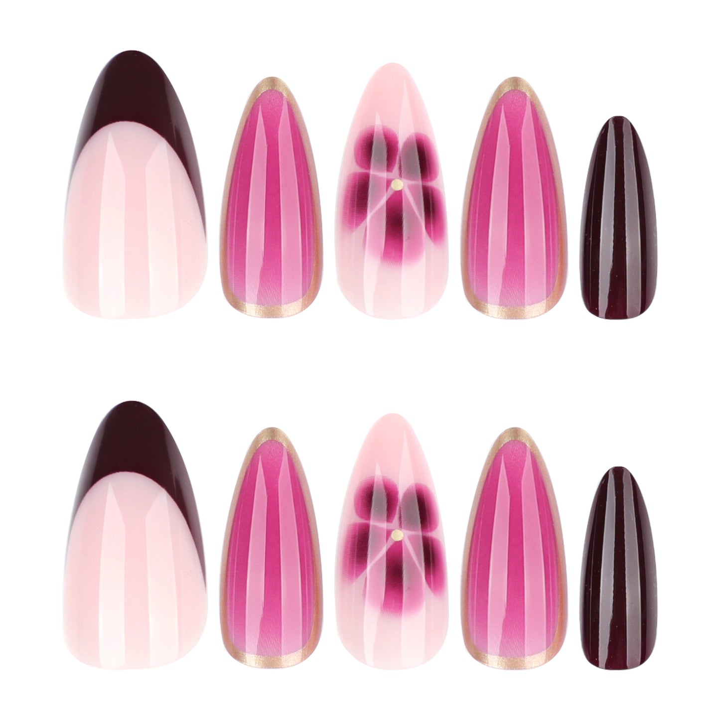 Blooming Elegance Charming Medium Almond Pink and Deep Burgundy Floral Accent Nail Set