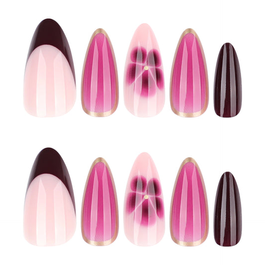 Blooming Elegance Charming Medium Almond Pink and Deep Burgundy Floral Accent Nail Set