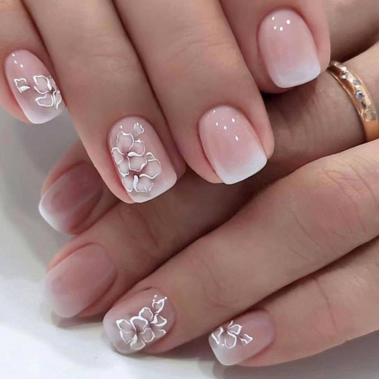Enchanted Garden Short Square Glossy Soft Pink Press On Nail Set with Elegant Floral Accents