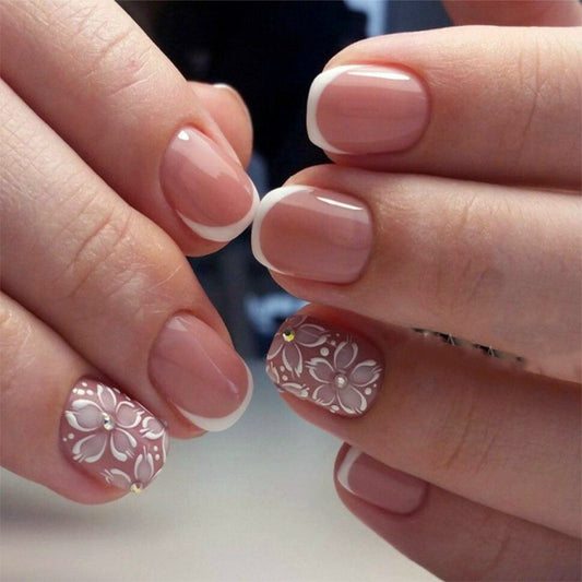 Chic Elegance Short Squoval Blush Pink with Intricate Floral Design Press On Nail Set