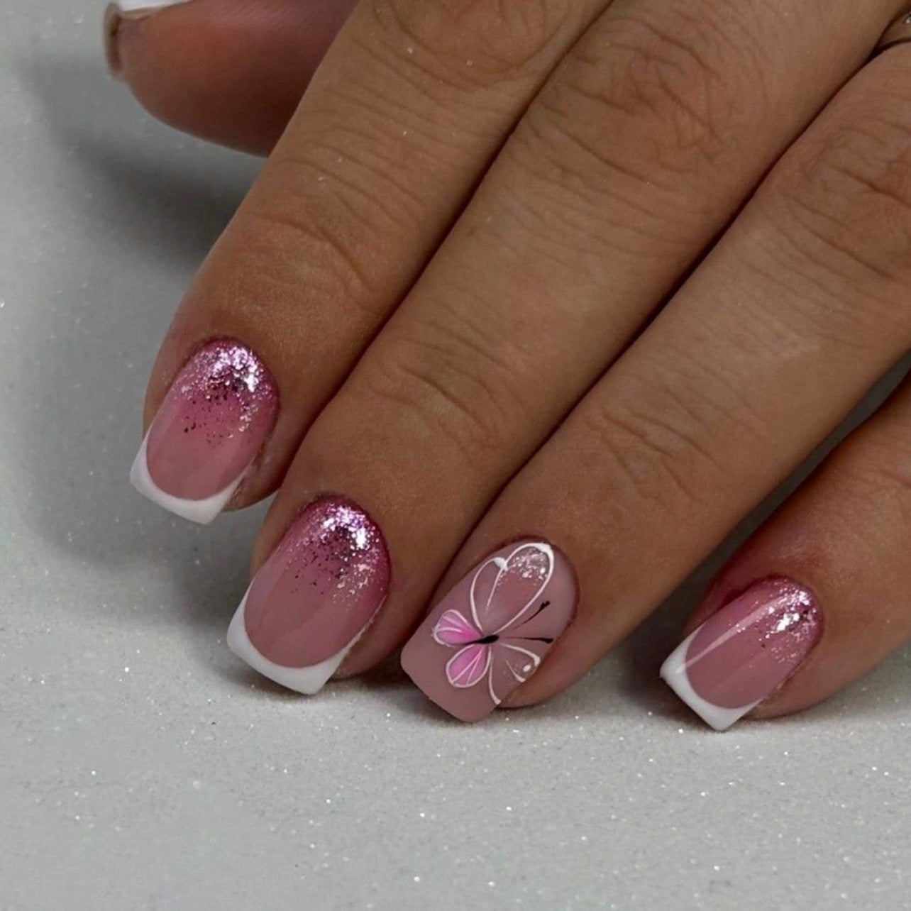 Whimsical Elegance Short Square Pink Glitter Press On Nail Set with Butterfly Design